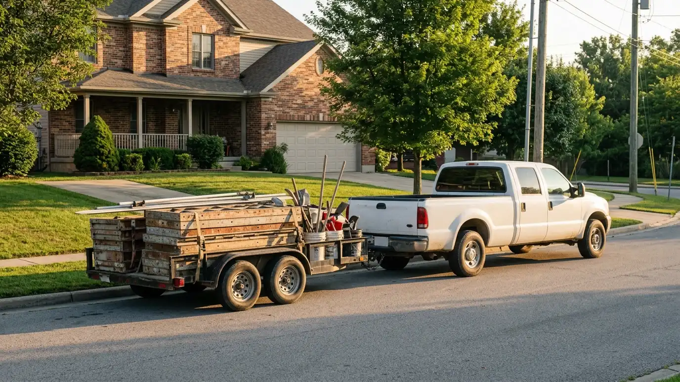 A white work truck towing a trailer of concrete forms and finishing tools parked in front of a brick home in warm morning light