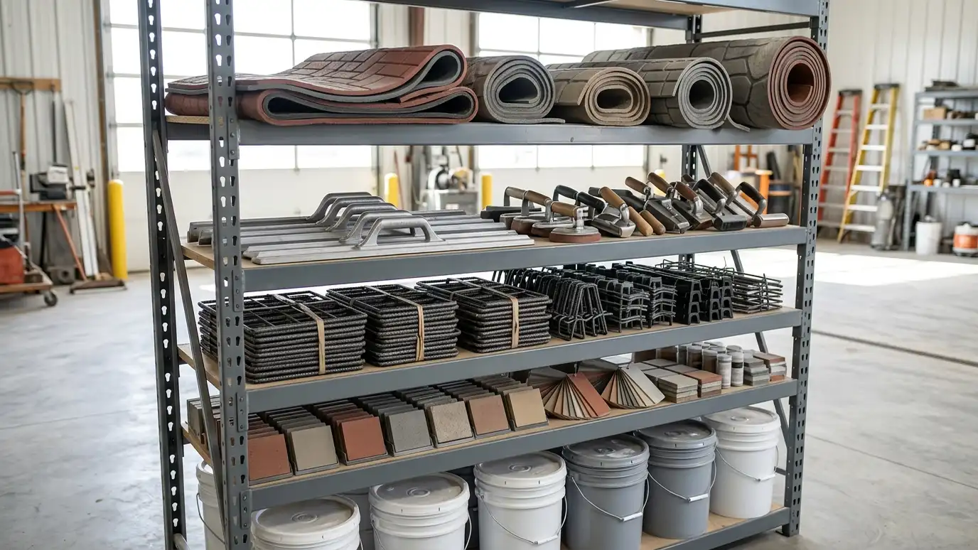 A tidy shop shelf with magnesium floats, edgers, groovers, stamping mats, bundles of rebar chairs, buckets of sealer and color samples in a clean workshop
