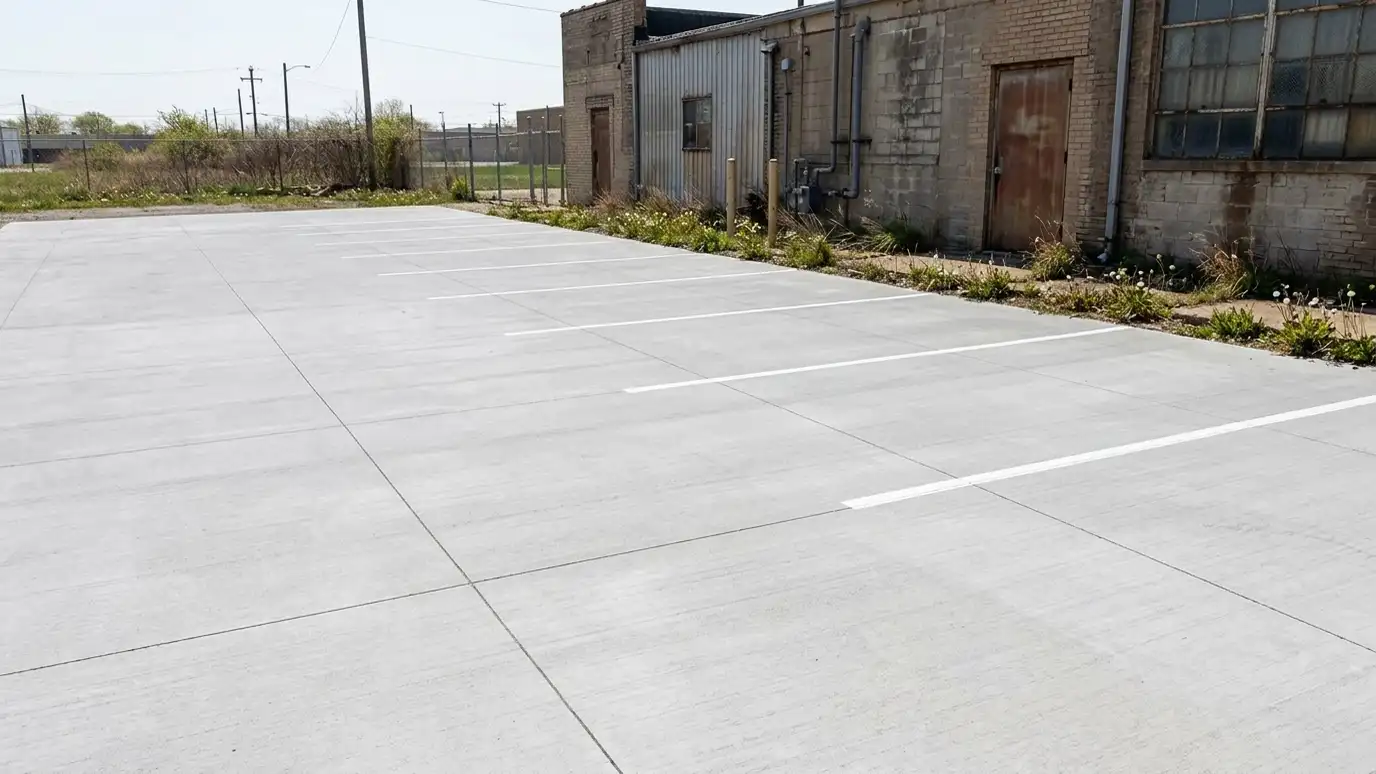 After: Broken parking lot rebuilt | Music City Concrete After: a commercial parking area with a smooth new concrete lot with fresh striping
