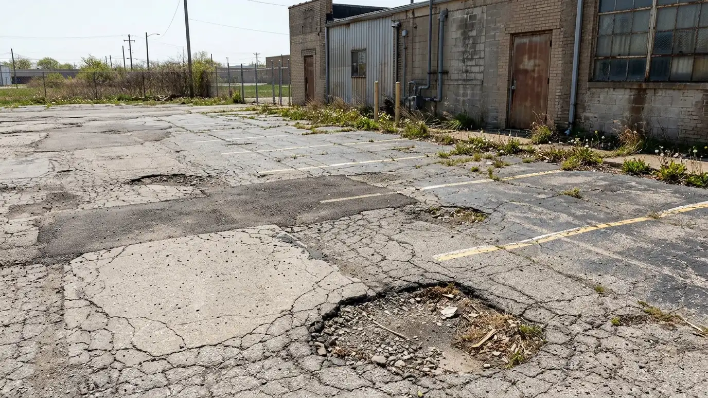Before: a commercial parking area with a cracked, potholed lot with faded stripes