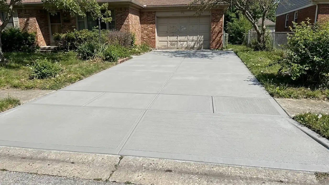 After: Cracked driveway replaced | Music City Concrete After: a driveway with a smooth new broom-finished driveway with neat joints