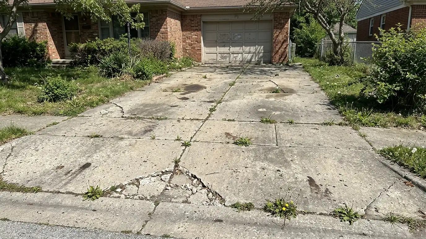 Before: a driveway with a cracked, stained and sunken old driveway