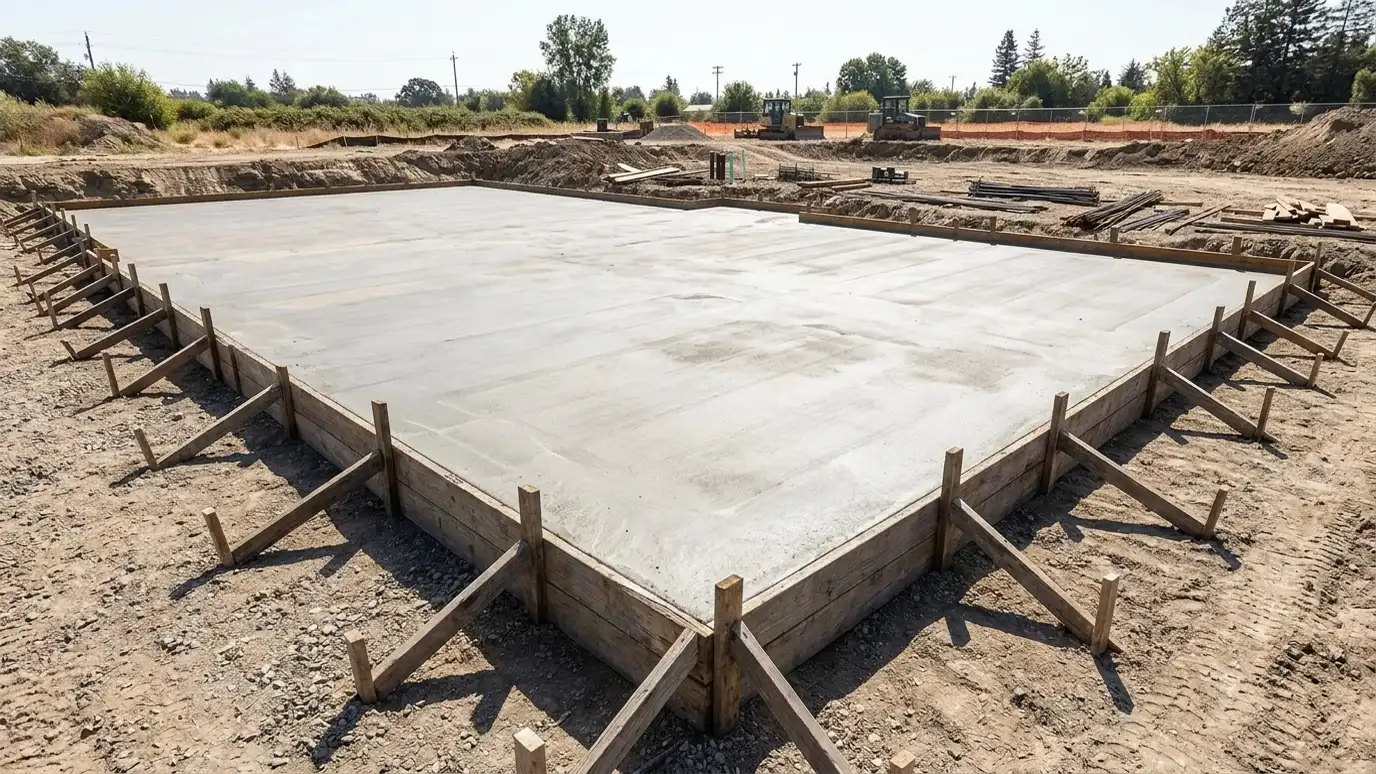 After: Open forms to a finished foundation | Music City Concrete After: a building site with a finished foundation slab ready for framing