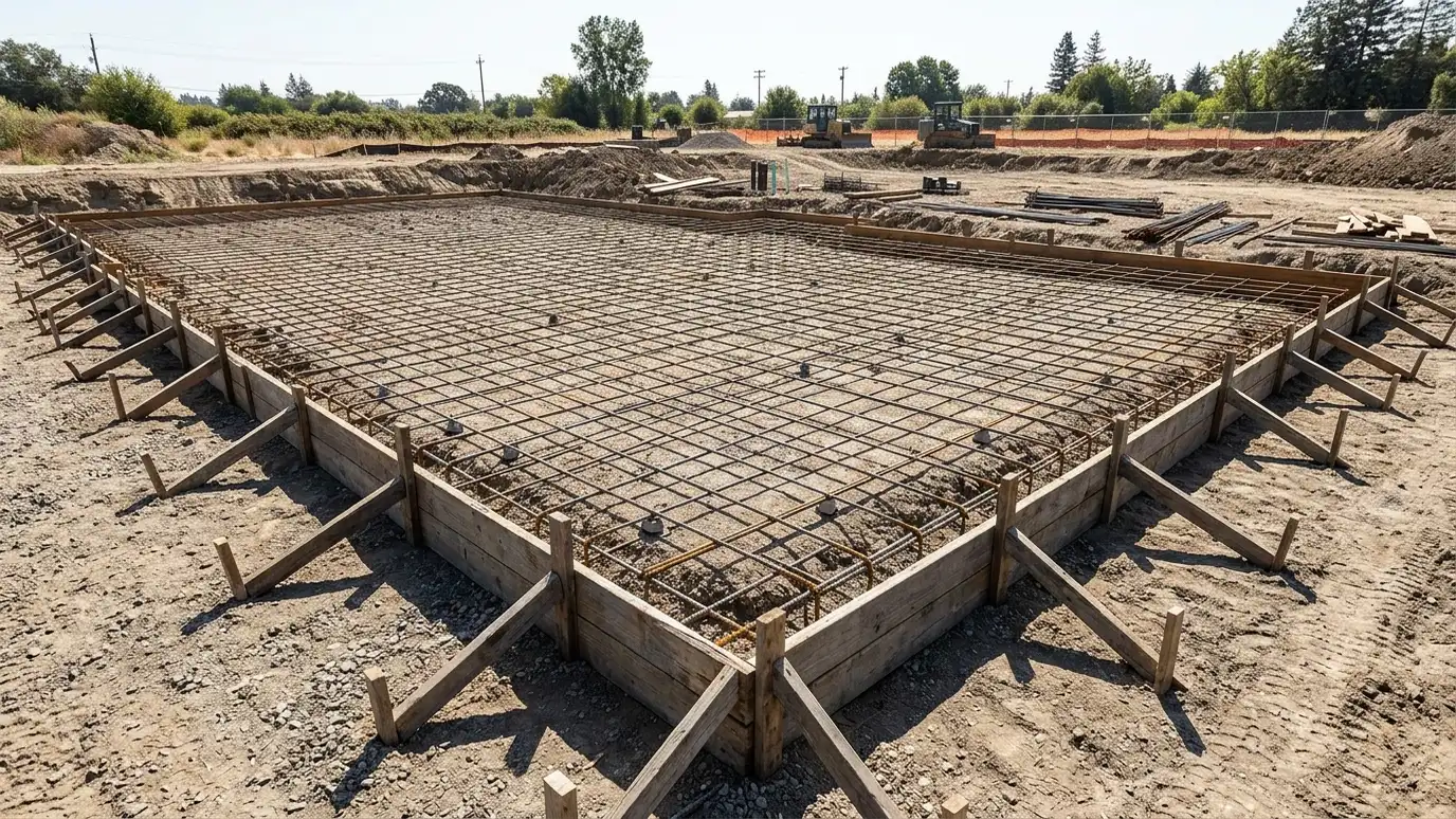 Before: a building site with a graded lot with open forms and a grid of rebar