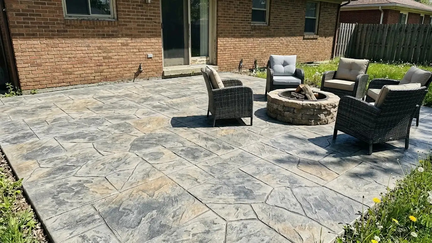 After: Plain slab turned into a stamped patio | Music City Concrete After: a back patio with a stamped slate patio with a fire pit and seating