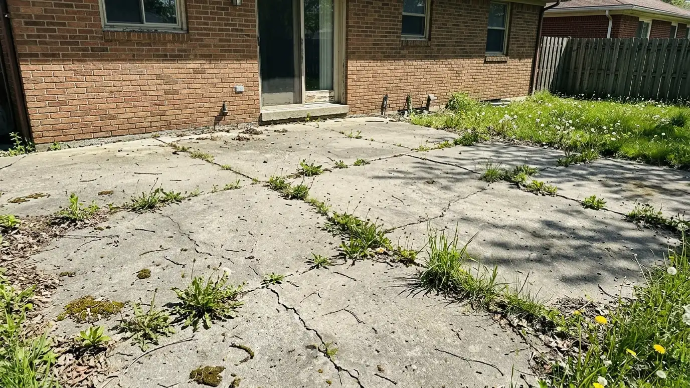 Before: a back patio with a bare, cracked gray slab with weeds in the joints