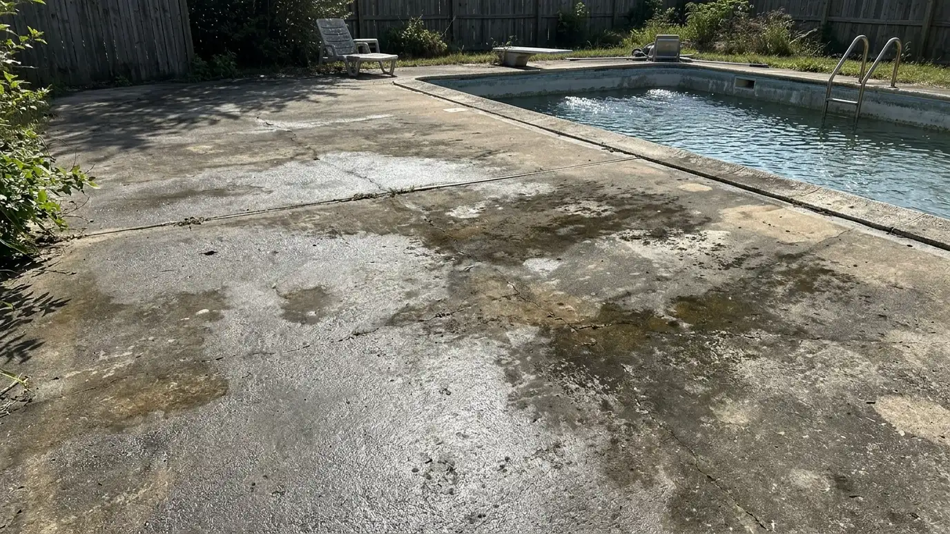 Before: a pool deck with a stained, worn and slick deck around a pool