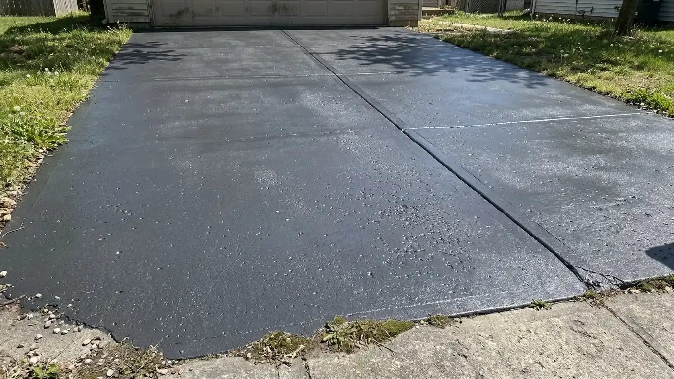 After: Dull driveway sealed | Music City Concrete After: a driveway with a deep, even sealed finish with water beading on it