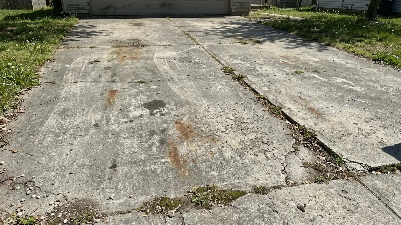 Before: a driveway with a dull, stained and weathered driveway