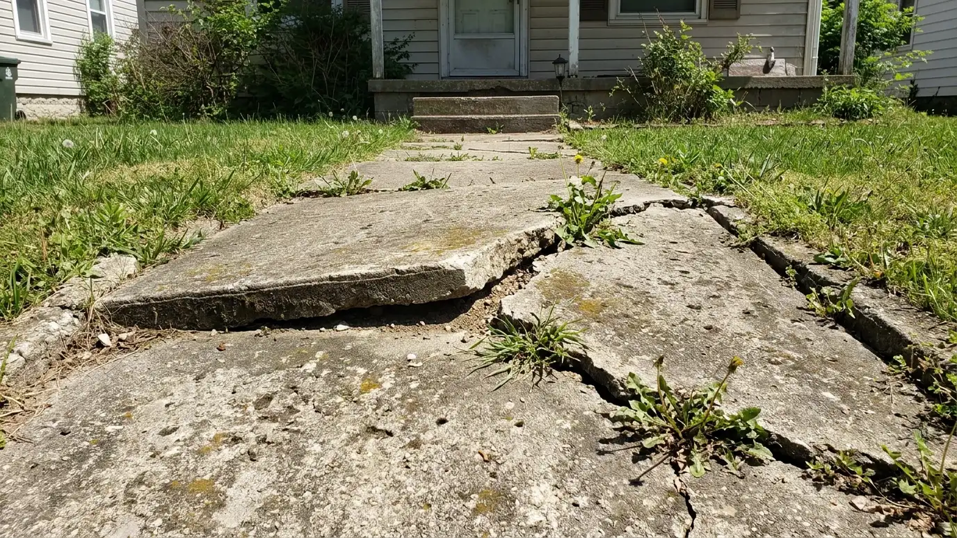 Before: a front walkway with a heaved, cracked walkway with a trip hazard