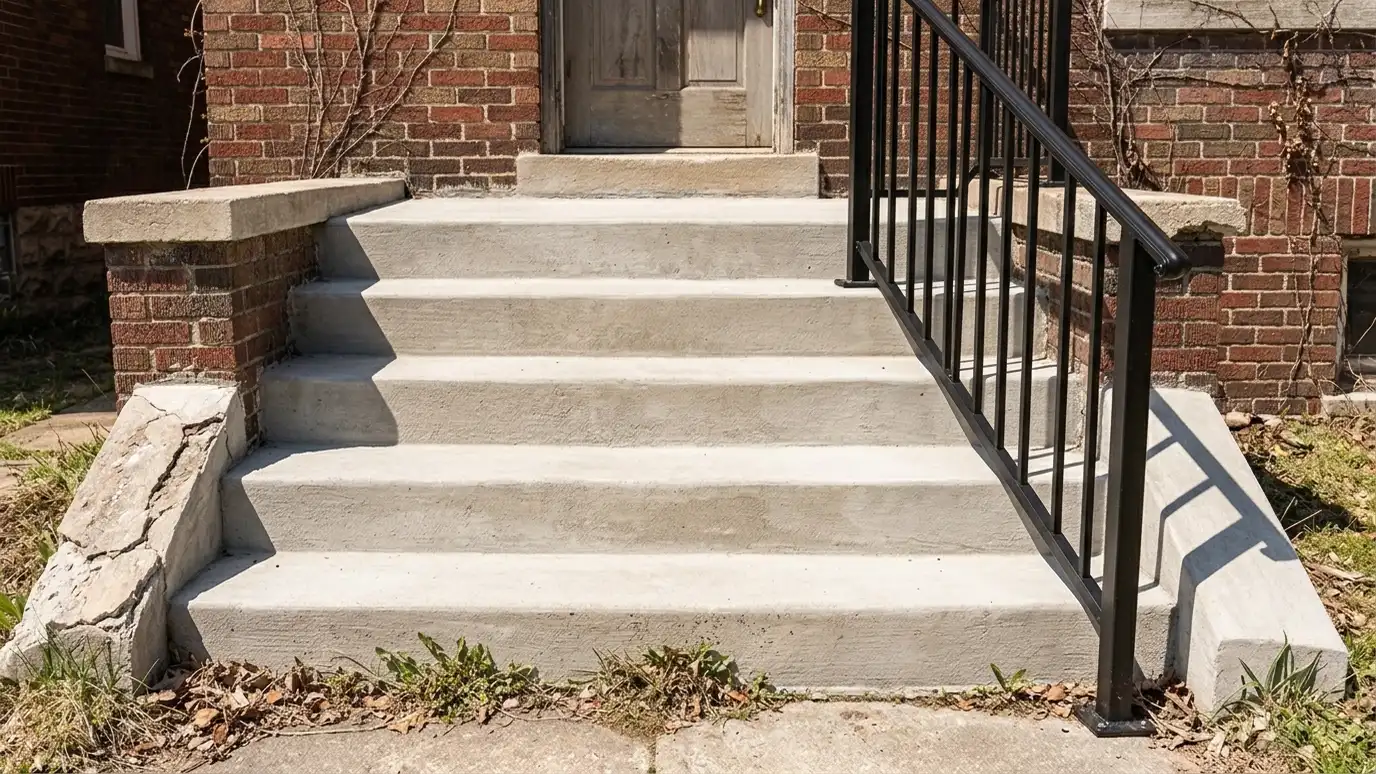 After: Crumbling steps rebuilt | Music City Concrete After: front entry steps with solid new steps with clean edges and a handrail