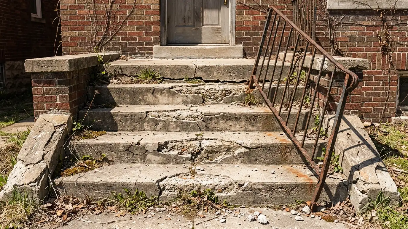 Before: front entry steps with crumbling, cracked steps with a loose rail