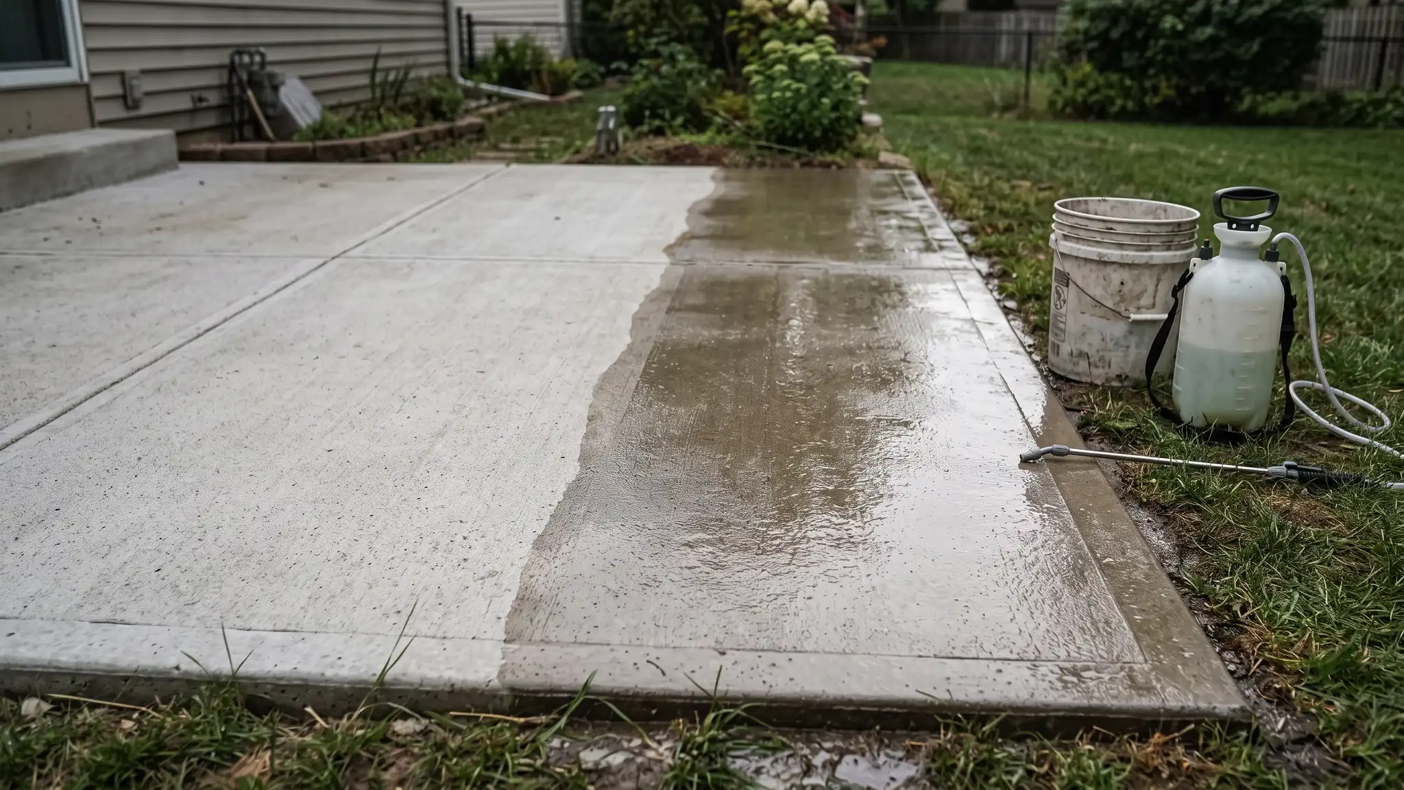 A concrete patio half pressure washed and half freshly sealed with a glossy finish, with a sprayer and a bucket resting at the edge