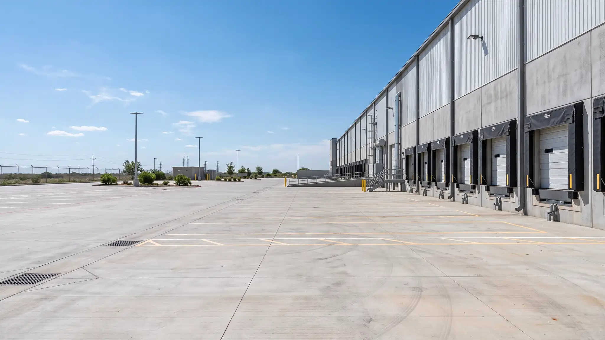 Commercial sites | Music City Concrete A large smooth commercial concrete loading dock apron and parking lot beside a modern warehouse building under a blue sky