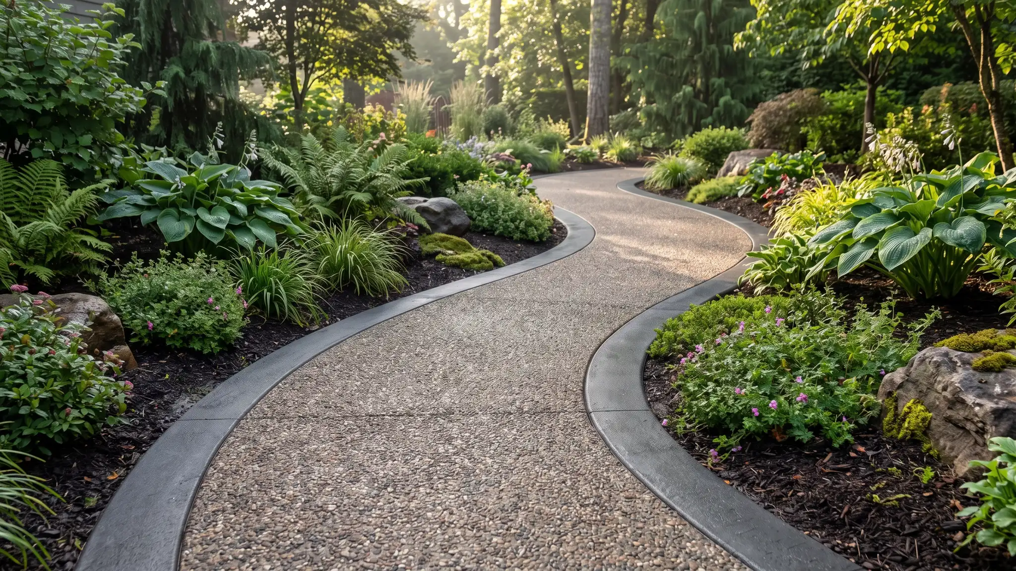 A curving exposed aggregate concrete walkway with a smooth charcoal border winding through a landscaped garden in soft morning light