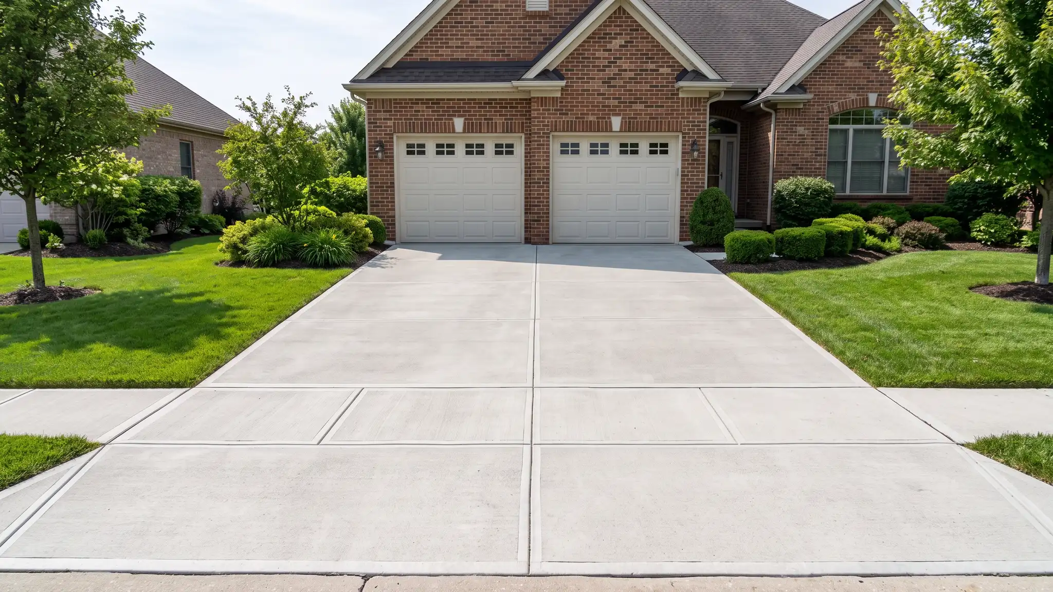 Driveways | Music City Concrete A wide, clean concrete driveway with neat saw-cut joints leading to a two-car garage of a brick home, lined with green lawn and shrubs in bright daylight