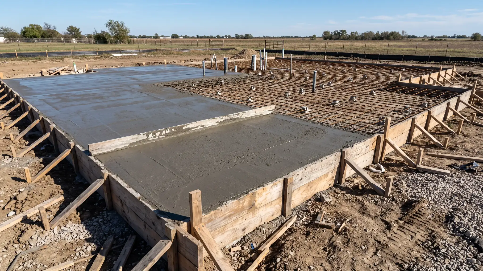 Foundations | Music City Concrete A new home foundation with wooden forms, a grid of steel rebar on chairs and a freshly screeded concrete slab with a long screed board resting across it on a clear day