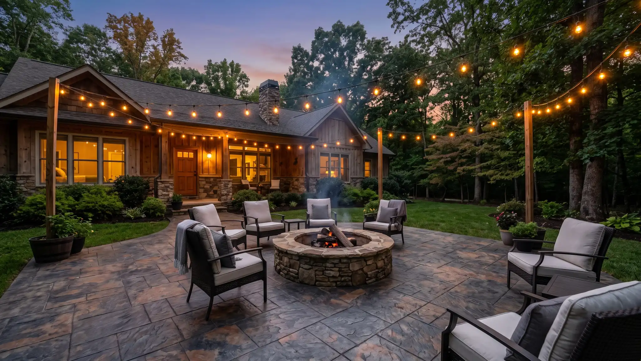 Patios | Music City Concrete A stamped concrete patio with a slate pattern, a built-in stone fire pit, outdoor seating and string lights at dusk behind a Tennessee home