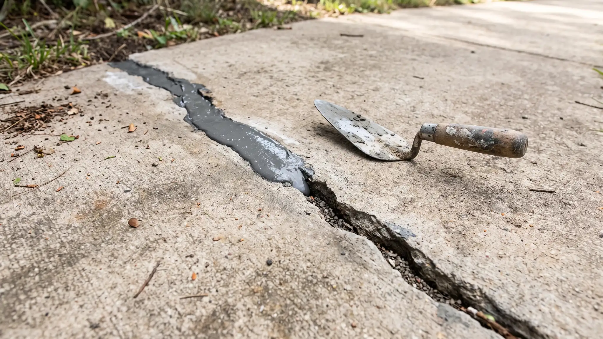 Repairs | Music City Concrete A cracked concrete walkway with part of the crack freshly filled, with a trowel resting on the slab