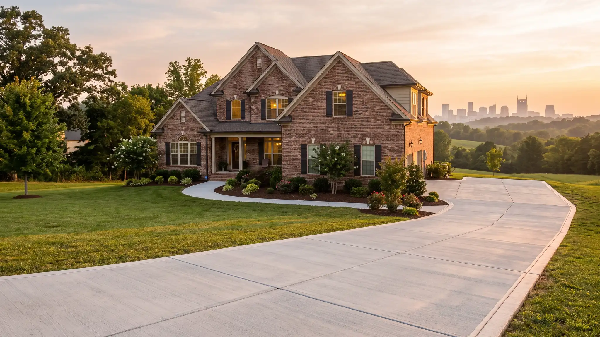 Music City Concrete | Concrete driveways, patios and repair in Nashville, TN A Tennessee brick home with a crisp new broom-finished concrete driveway and walkway at golden hour, with the Nashville skyline softly in the distance