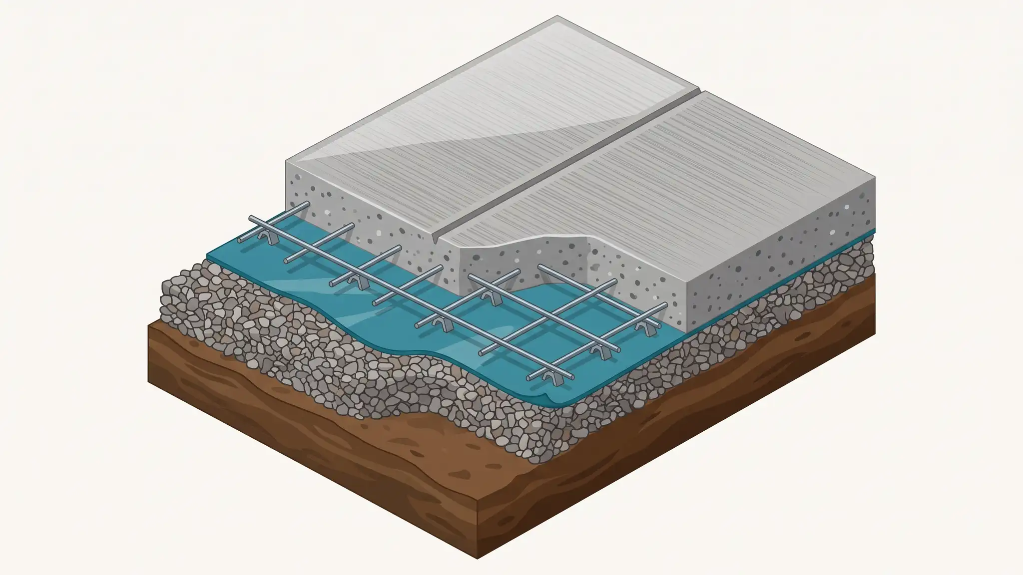 A cutaway illustration of a concrete slab showing the layers below the surface: compacted soil, a crushed stone base, a vapor barrier, a grid of rebar on chairs, the poured slab with control joints and a sealed broom-finished top