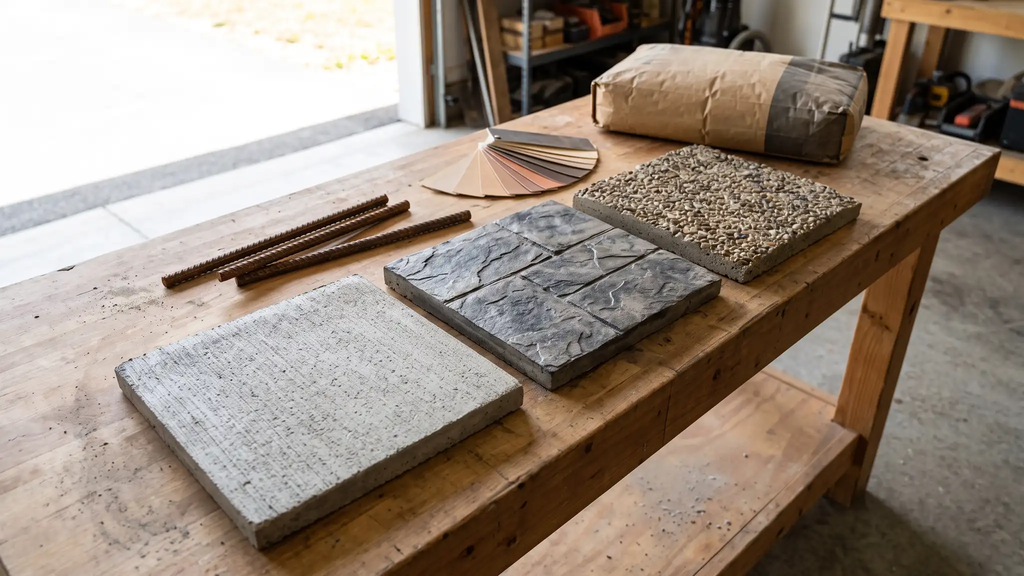 Concrete ideas and finish guides | Music City Concrete Concrete samples laid out on a clean workbench: broom, stamped and exposed aggregate sample slabs, rebar sections, a bag of sealer and color swatches