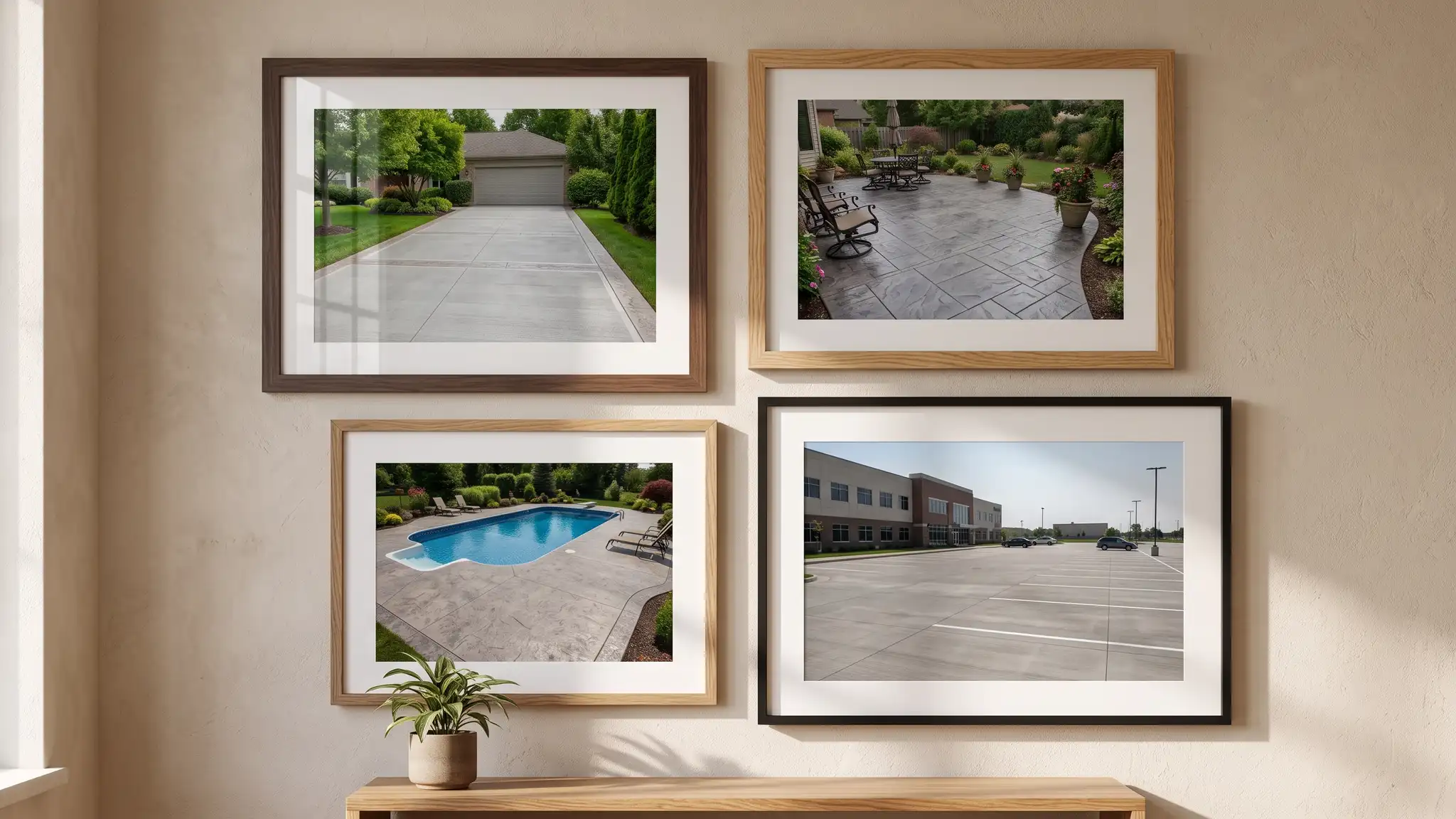 Concrete gallery | Music City Concrete A spread of four framed photographs on a wall showing finished concrete projects: a driveway, a stamped patio, a pool deck and a commercial lot