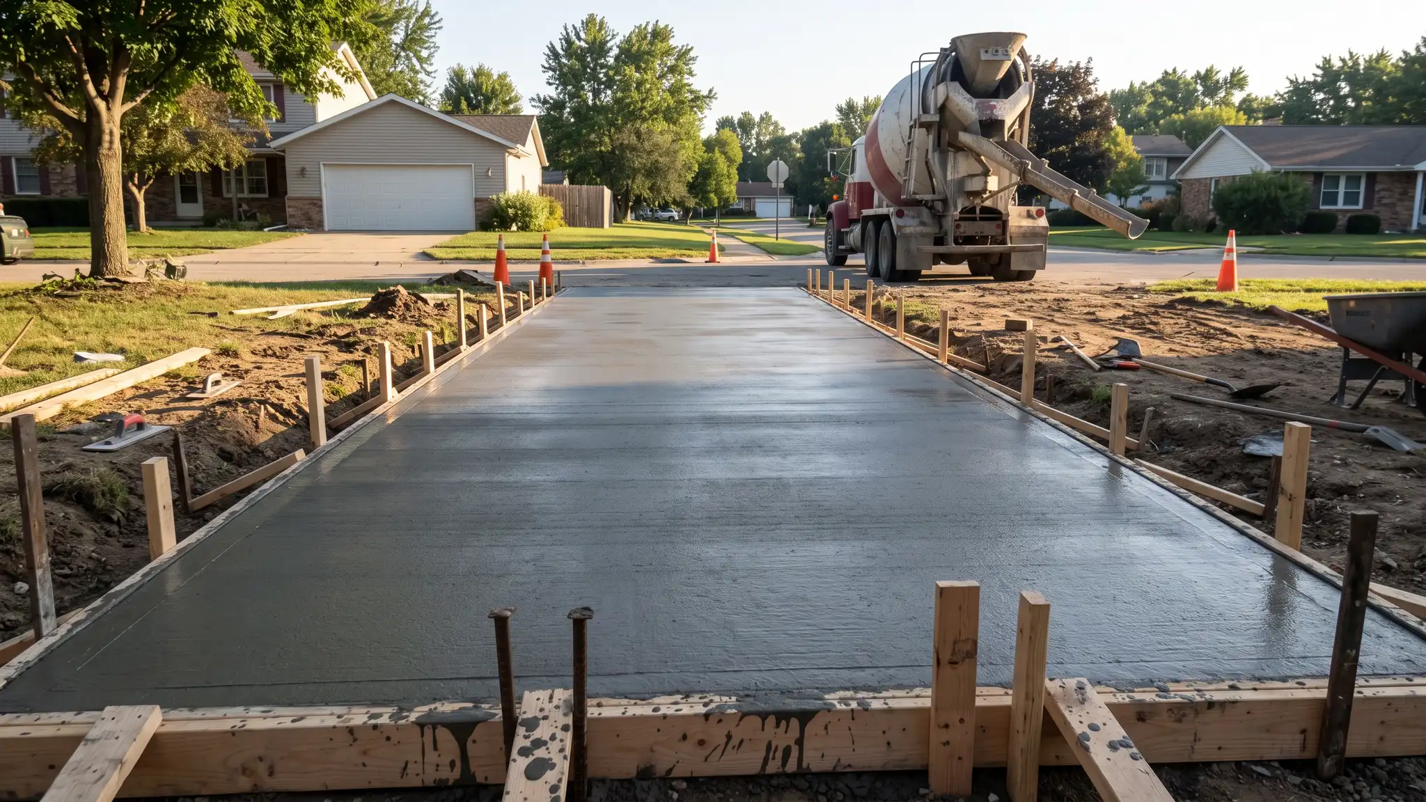 A freshly poured and smoothed concrete driveway with wooden forms along the edges and a ready-mix truck parked in the background on a bright morning