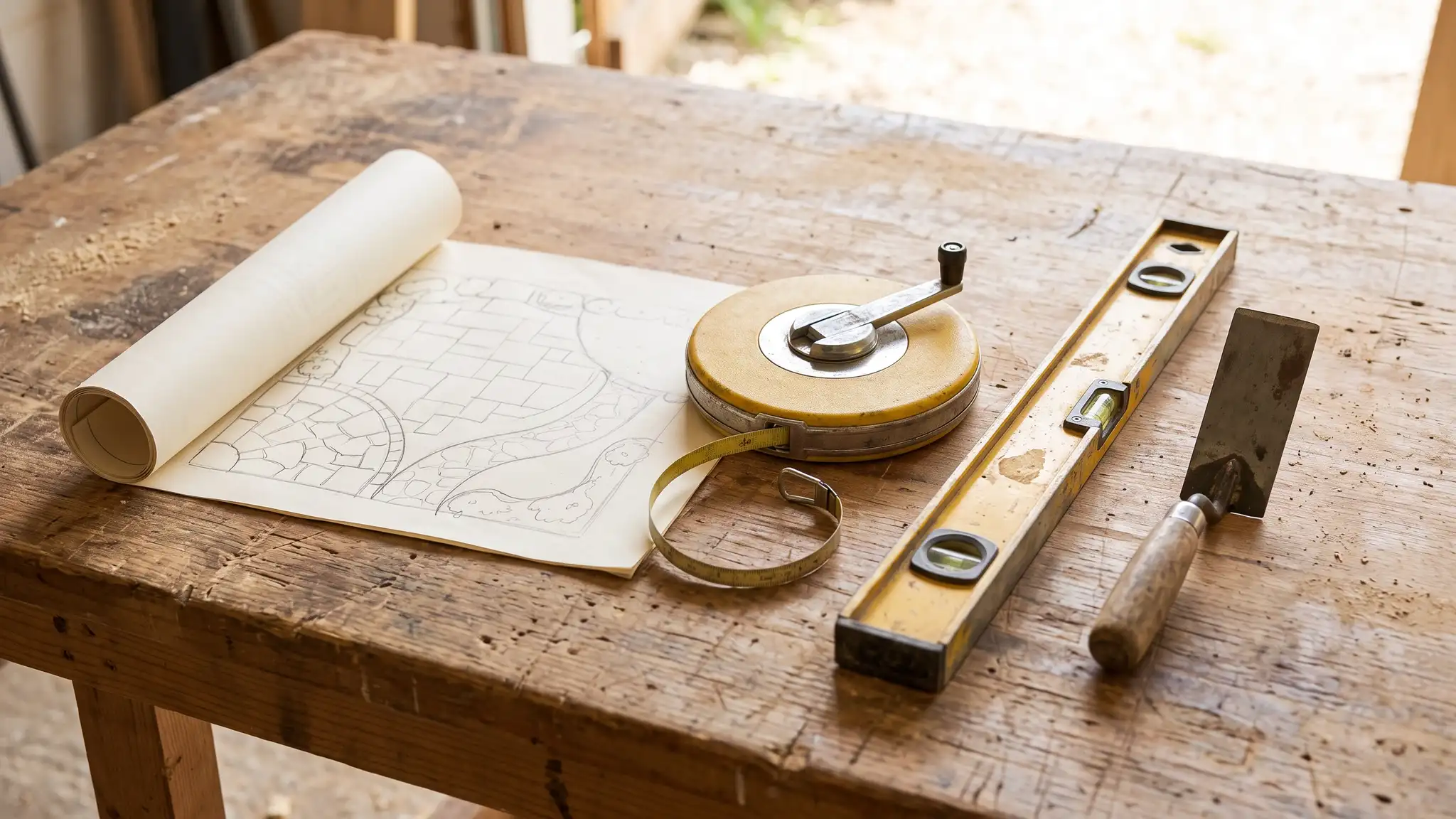 Concrete tools and calculators | Music City Concrete A wooden workbench with a long tape measure, a level and a margin trowel beside a rolled sketch of a patio layout