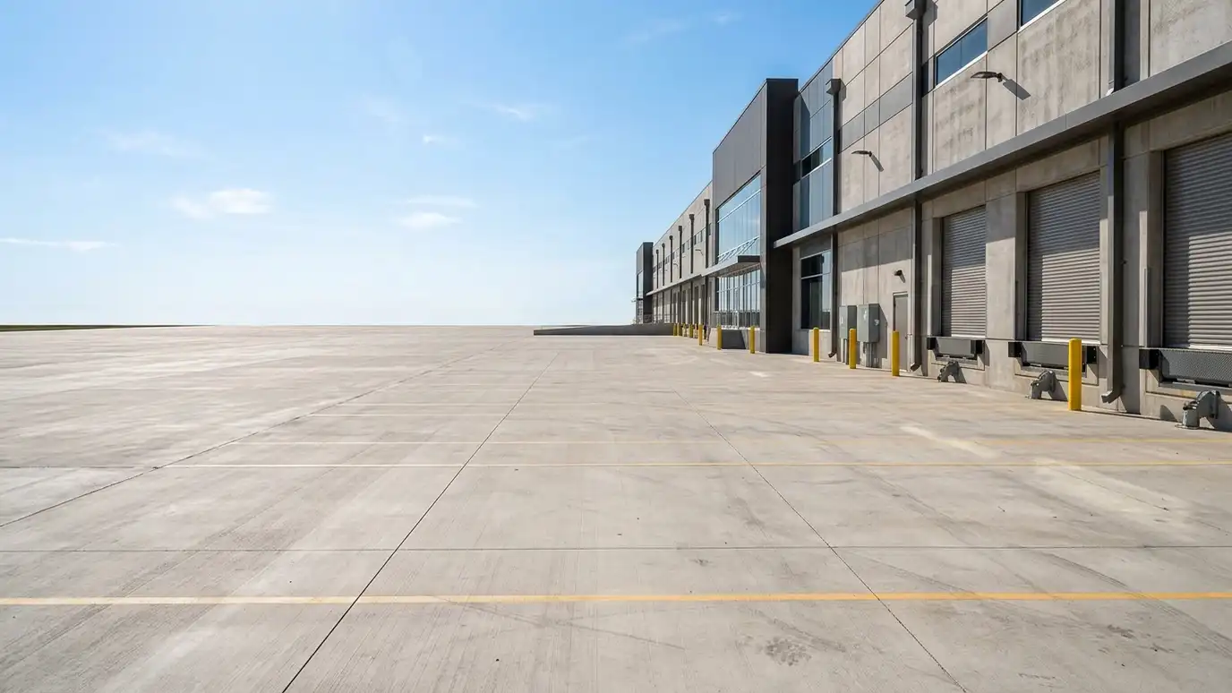 A large smooth concrete parking lot and loading dock beside a modern commercial building A large smooth concrete parking lot and loading dock beside a modern commercial building