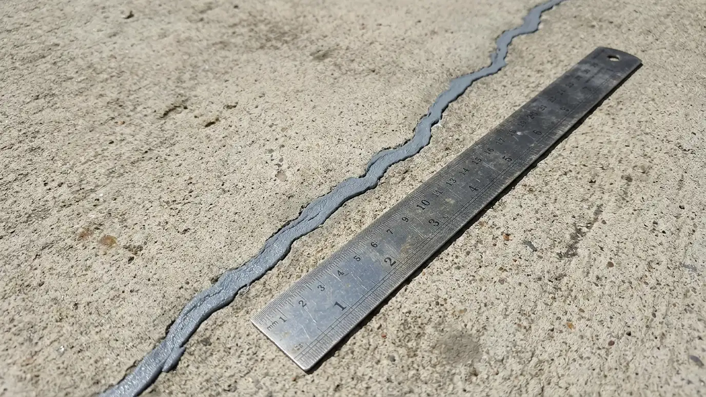A thin crack in a concrete walkway filled neatly with a gray sealant beside a ruler for scale A thin crack in a concrete walkway filled neatly with a gray sealant beside a ruler for scale