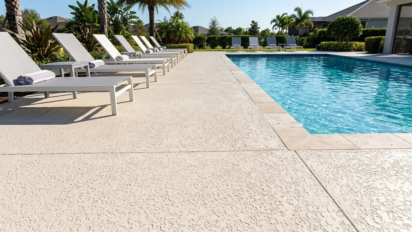 A light-colored textured concrete pool deck with a blue pool, lounge chairs and a neat coping edge A light-colored textured concrete pool deck with a blue pool, lounge chairs and a neat coping edge