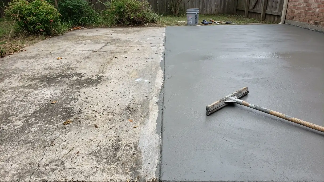 A thin cement overlay over an old concrete patio with a squeegee and a gauge rake A thin cement overlay over an old concrete patio with a squeegee and a gauge rake