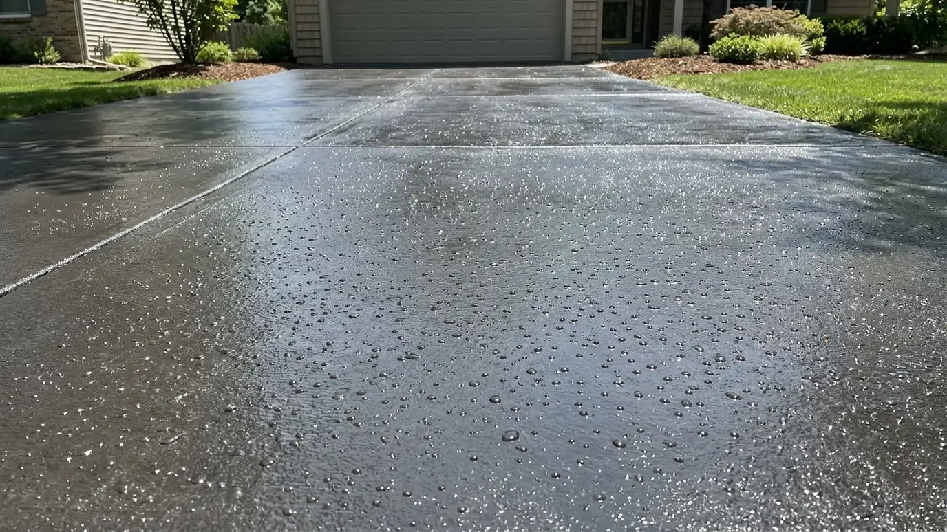 A freshly sealed concrete driveway with a deep, even sheen and water beading on the surface A freshly sealed concrete driveway with a deep, even sheen and water beading on the surface