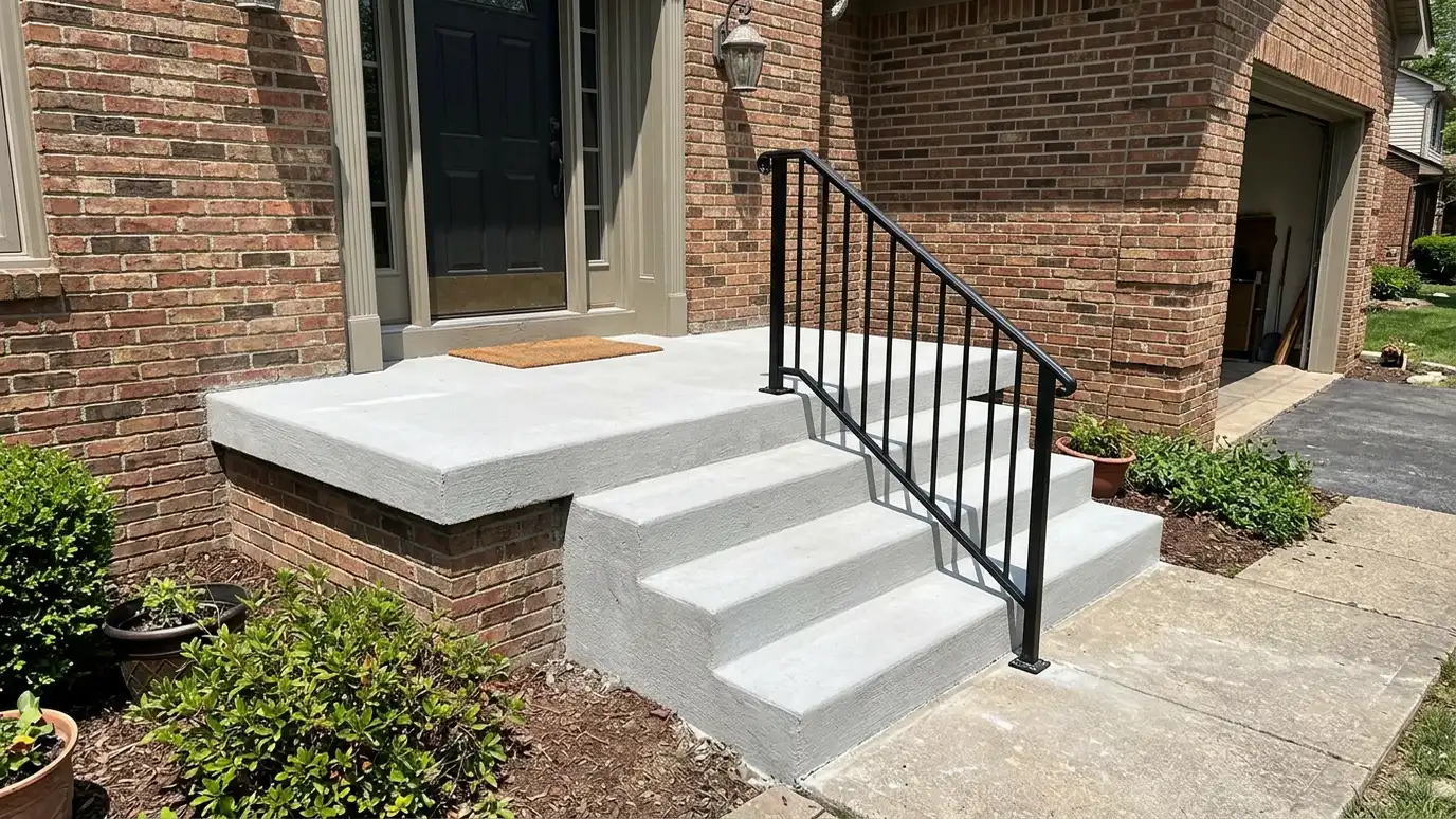 A set of new concrete front steps with a landing and a black metal handrail at a brick home entry A set of new concrete front steps with a landing and a black metal handrail at a brick home entry